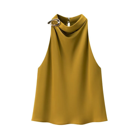 Damen Seidenbluse mit asymmetrischem Kragen und dekorativem Ring R&B