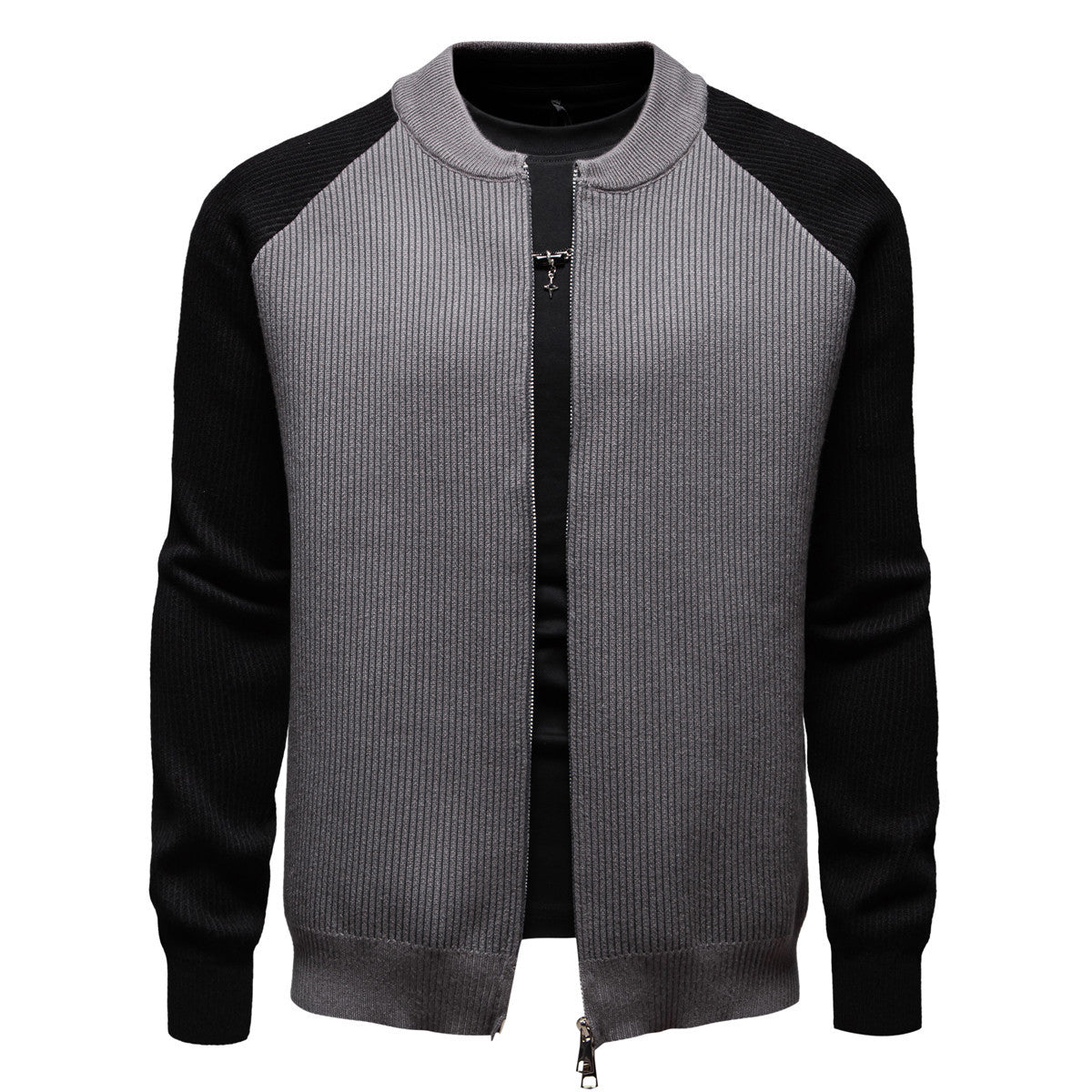 Herren modische Strickjacke mit durchgehendem Reißverschluss und kontrastierenden Ärmelstrukturen