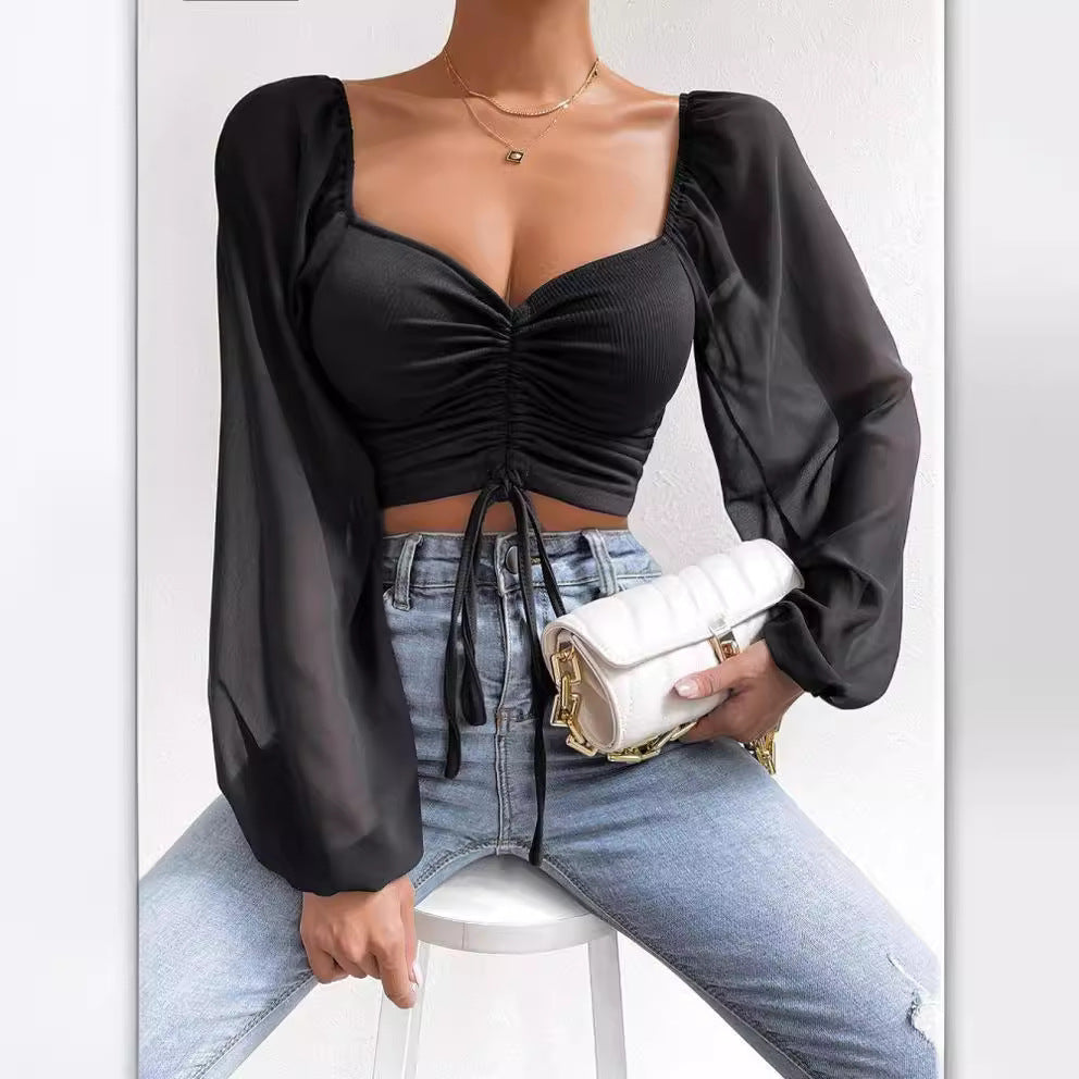 Damen Crop-Top mit strukturiertem Körper und eleganten Puffärmeln R&B