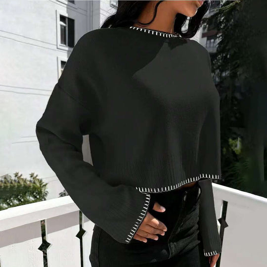 Damen lässiger Cropped Pullover mit feiner Rippstruktur und elastischem Bund R&B