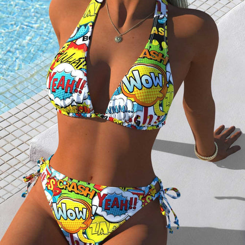 Damen Triangel-Bikini mit kreativem Comic-Print und verstellbaren seitlichen Bindebändern R&B