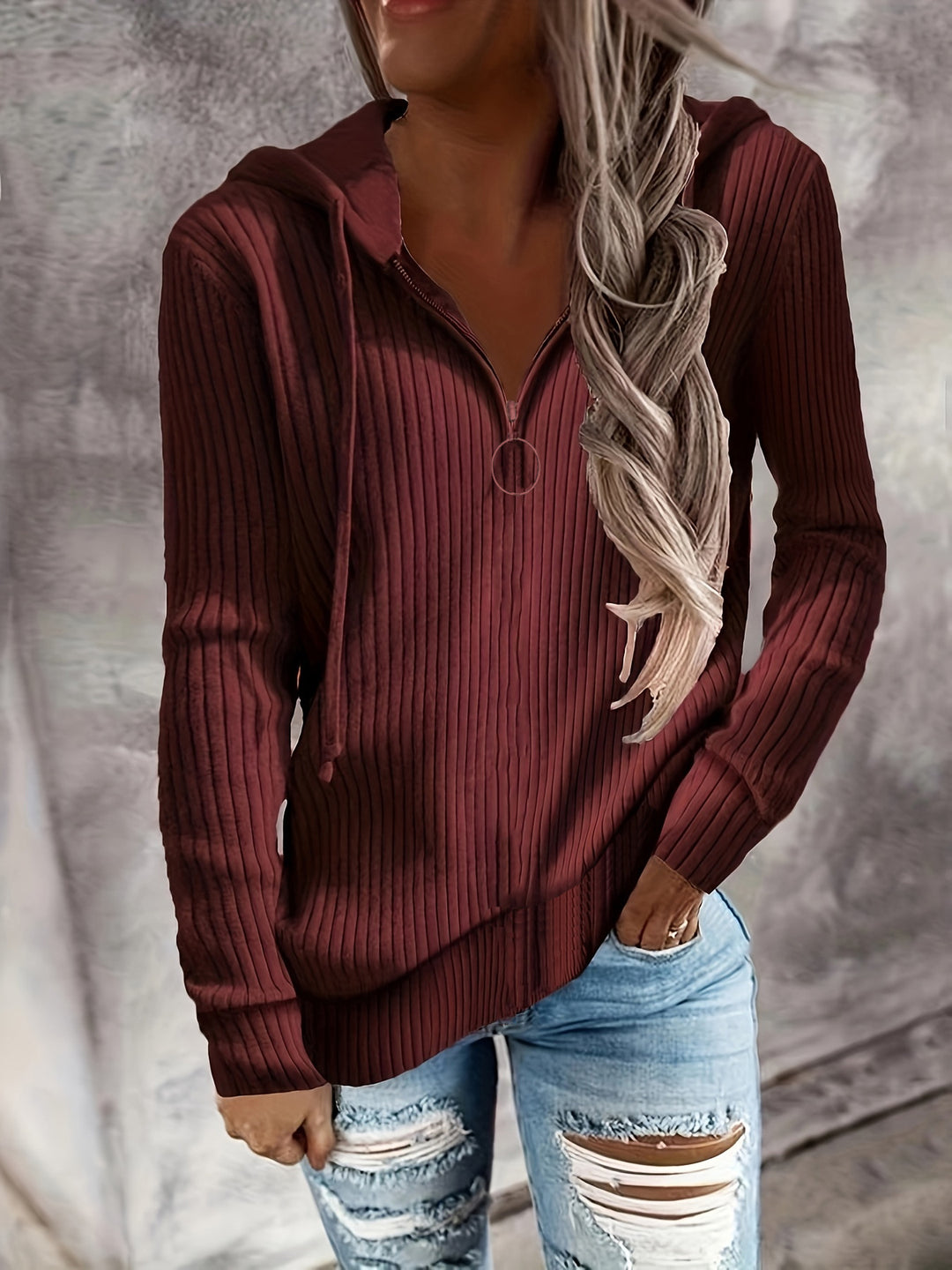 Damen Zip-Hoodie mit strukturiertem Rippdesign und durchgehendem Reißverschluss R&B