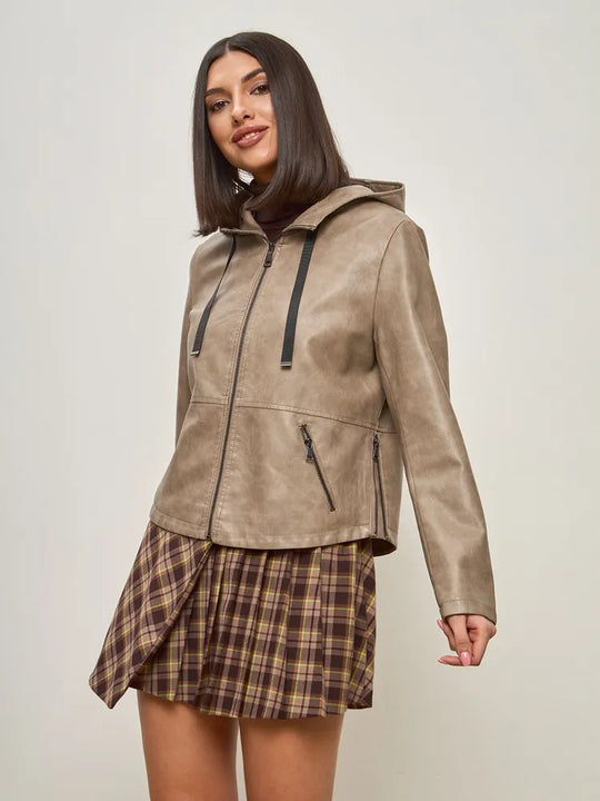 Damen modische Kunstlederjacke mit Kapuze und Reißverschlusstaschen R&B