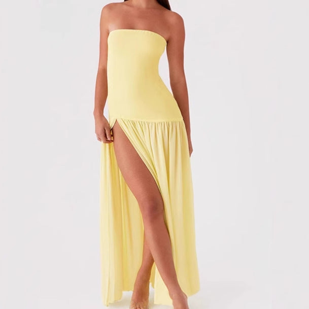 Damen Elegantes trägerloses Maxikleid mit hohem Schlitz und fließendem Stoff R&B