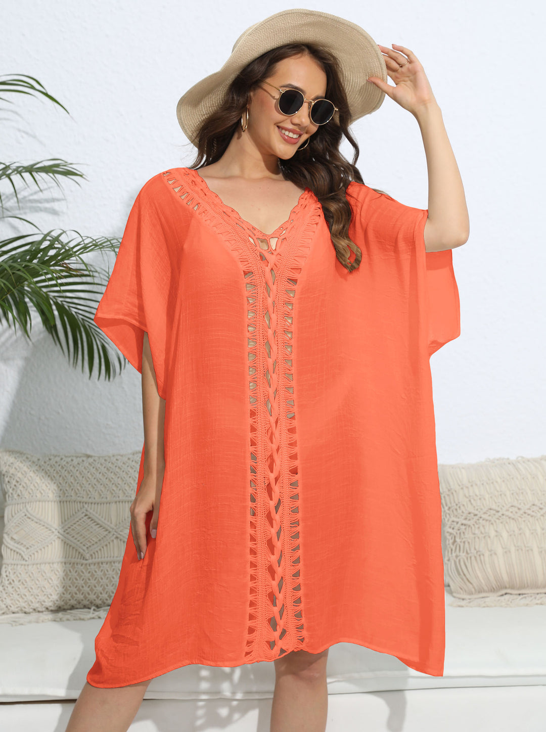 Damen luftiger Kaftan mit filigranem Häkelmuster R&B