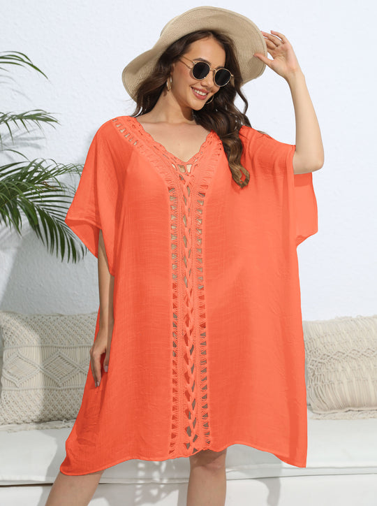 Damen luftiger Kaftan mit filigranem Häkelmuster R&B