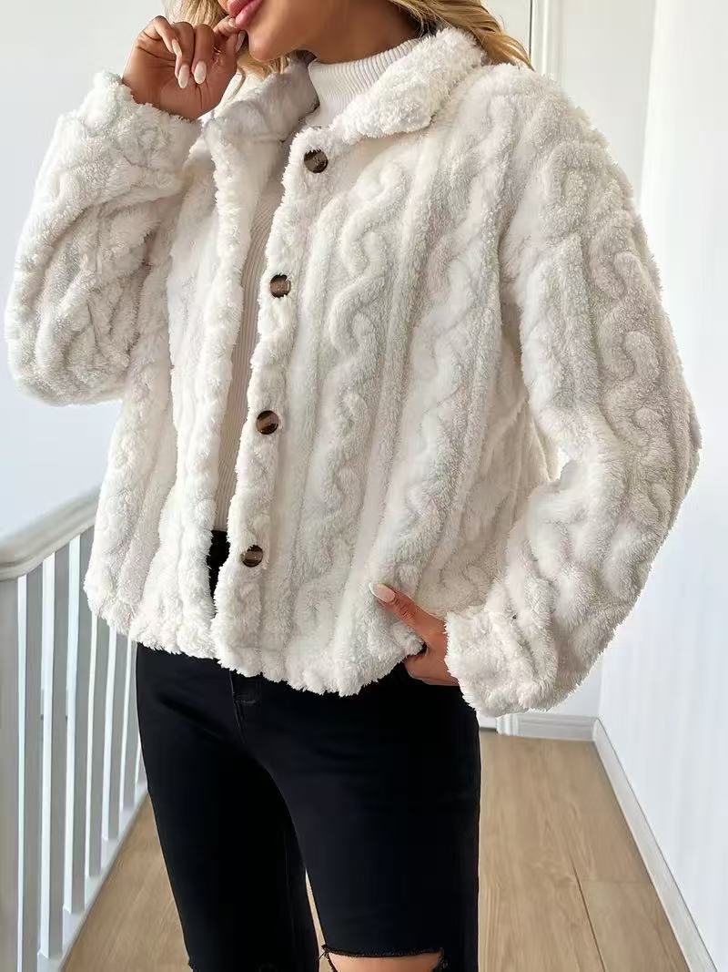 Damen Plüschjacke mit Knopfverschluss und gestreiftem Strukturdesign R&B