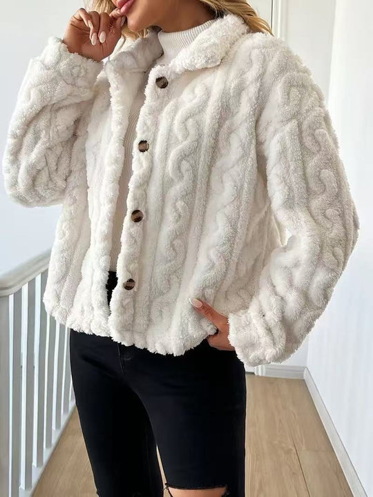Damen Plüschjacke mit Knopfverschluss und gestreiftem Strukturdesign R&B