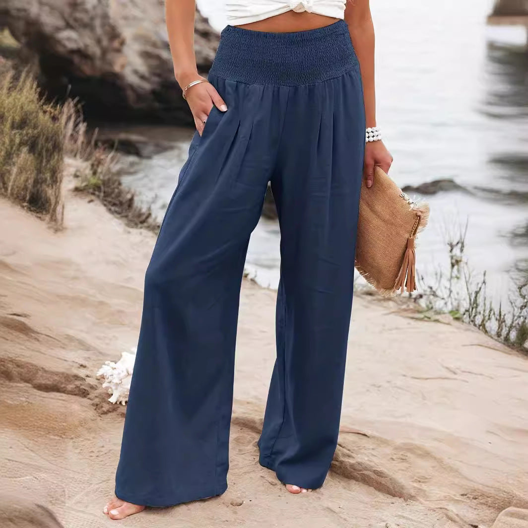 Damen Weite Leinenhose mit elastischem Bund und Falten R&B