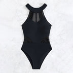 Damen Hochtaillierter Einteiler Badeanzug mit transparenten Einsätzen R&B