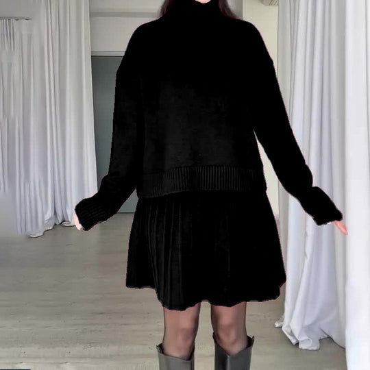 Damen Elegantes Strickensemble mit Rollkragen und fließendem Rock R&B