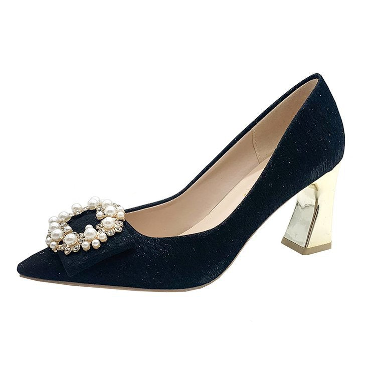 Damen elegante High Heels mit perlbesetztem Schleifenakzent und blockiertem Absatz R&B