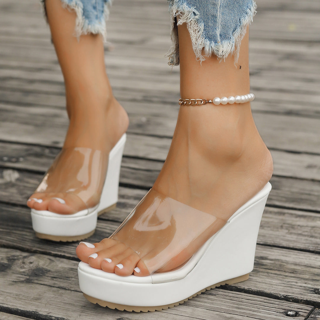 Damen nan transparente Mules mit PVC-Deckriemen, hohem Keilabsatz und rutschfester Laufsohle R&B
