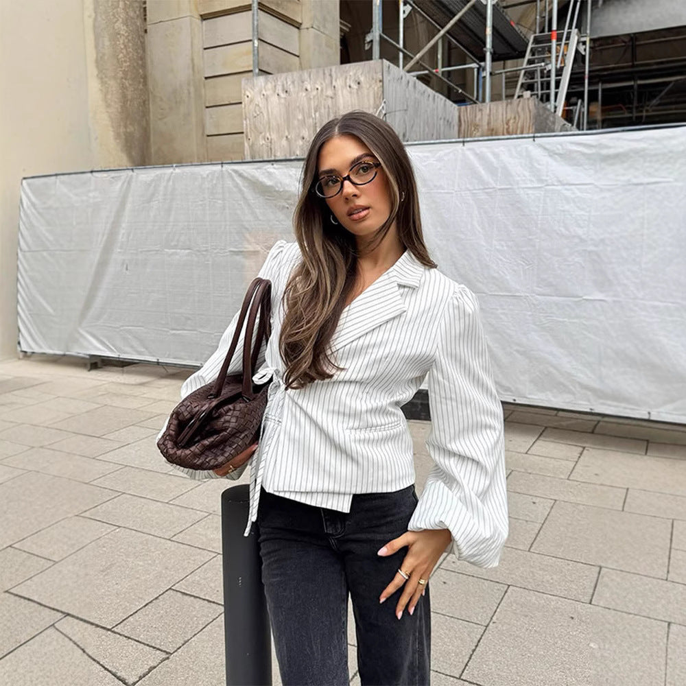Damen elegante Taillierte Bluse mit voluminösen Ärmeln R&B