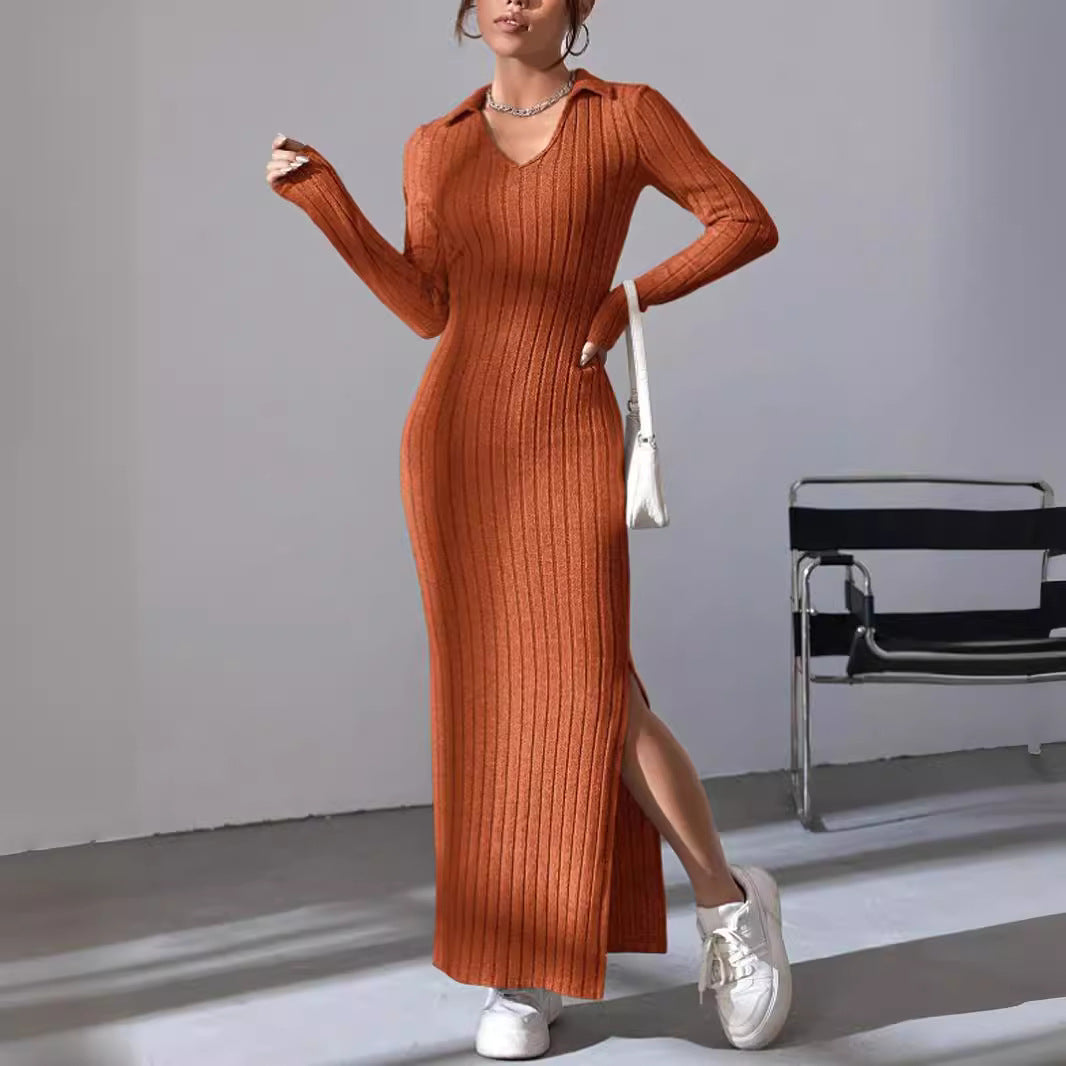 Damen Langarm Maxikleid mit V-Ausschnitt und seitlichem Schlitz R&B