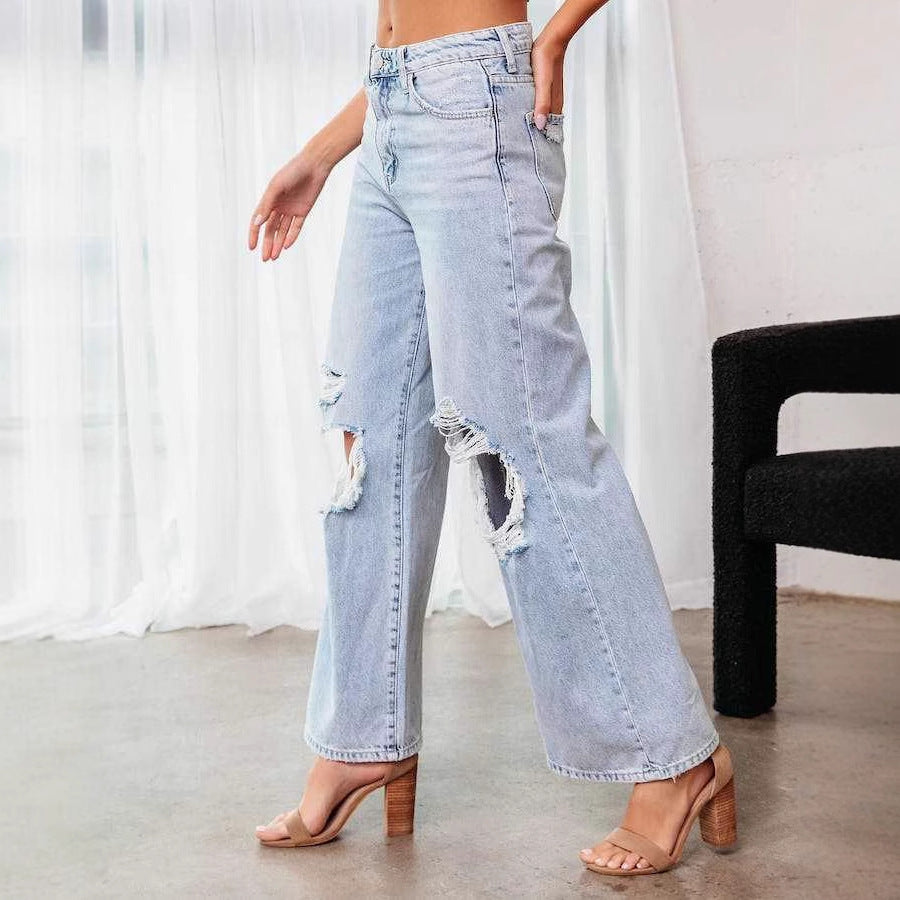 Damen Weit geschnittene Jeans mit modischen Rissen und lässigem Schnitt R&B