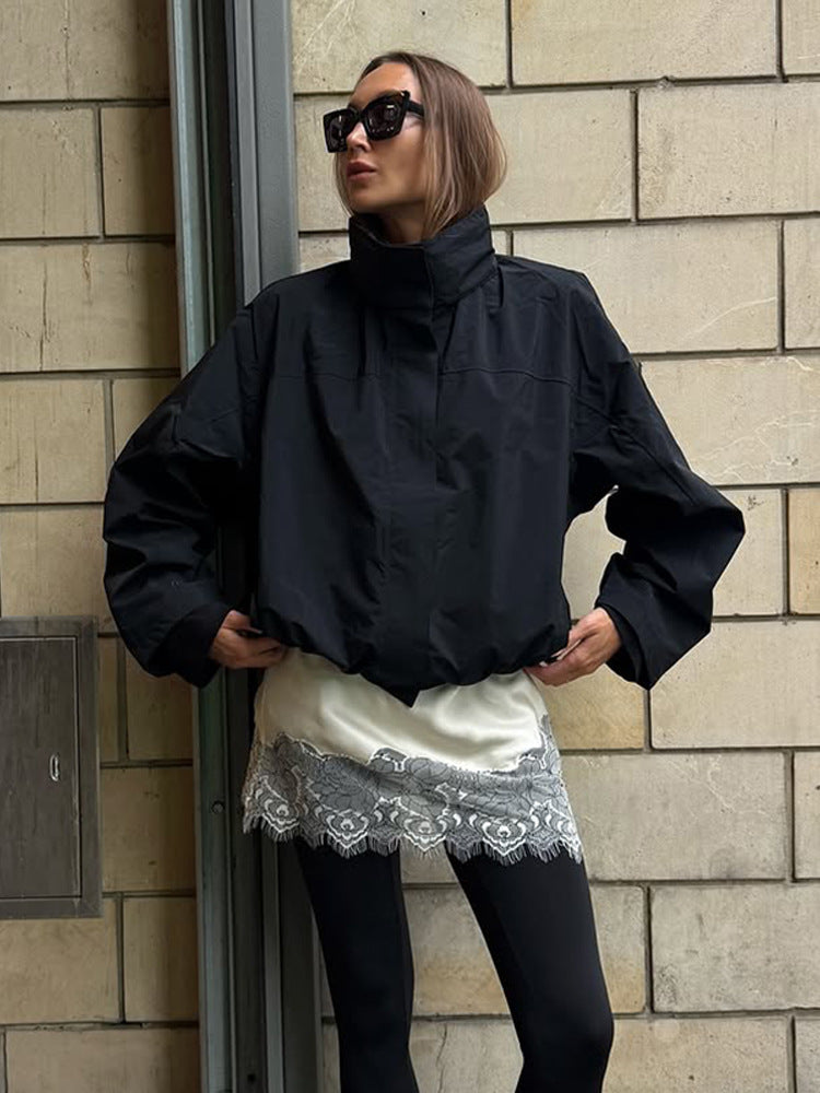 Damen lässige oversized Jacke mit hohem Kragen und verstellbarem Verschluss R&B