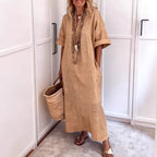 Damen Leinen Maxikleid mit V-Ausschnitt und praktischen Taschen R&B