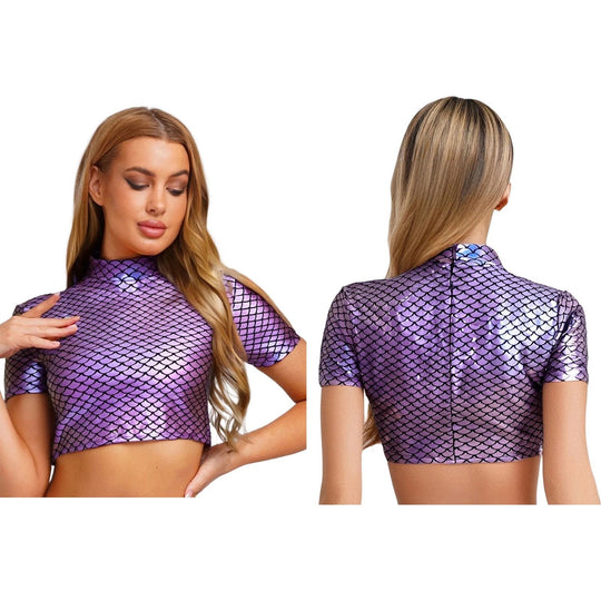 Damen Glitzerndes Cropped Shirt mit schimmerndem Fischschuppen-Muster R&B