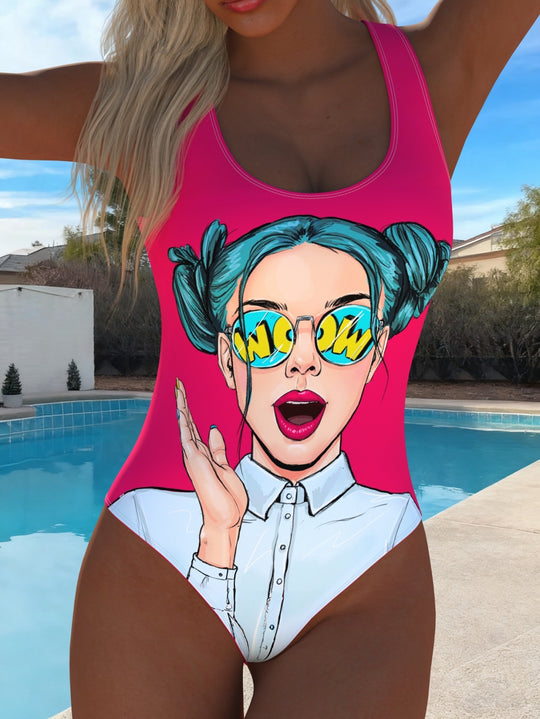 Damen Badeanzug mit kreativem Grafikdesign und hohem Beinausschnitt R&B