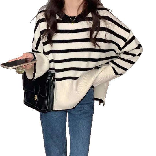 Damen gemütlicher Strickpullover mit Streifen R&B