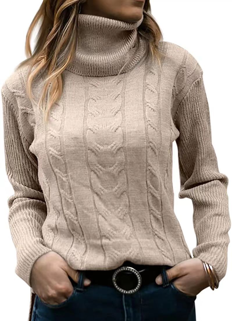 Damen Strickpullover mit Stehkragen und Zopfmuster R&B