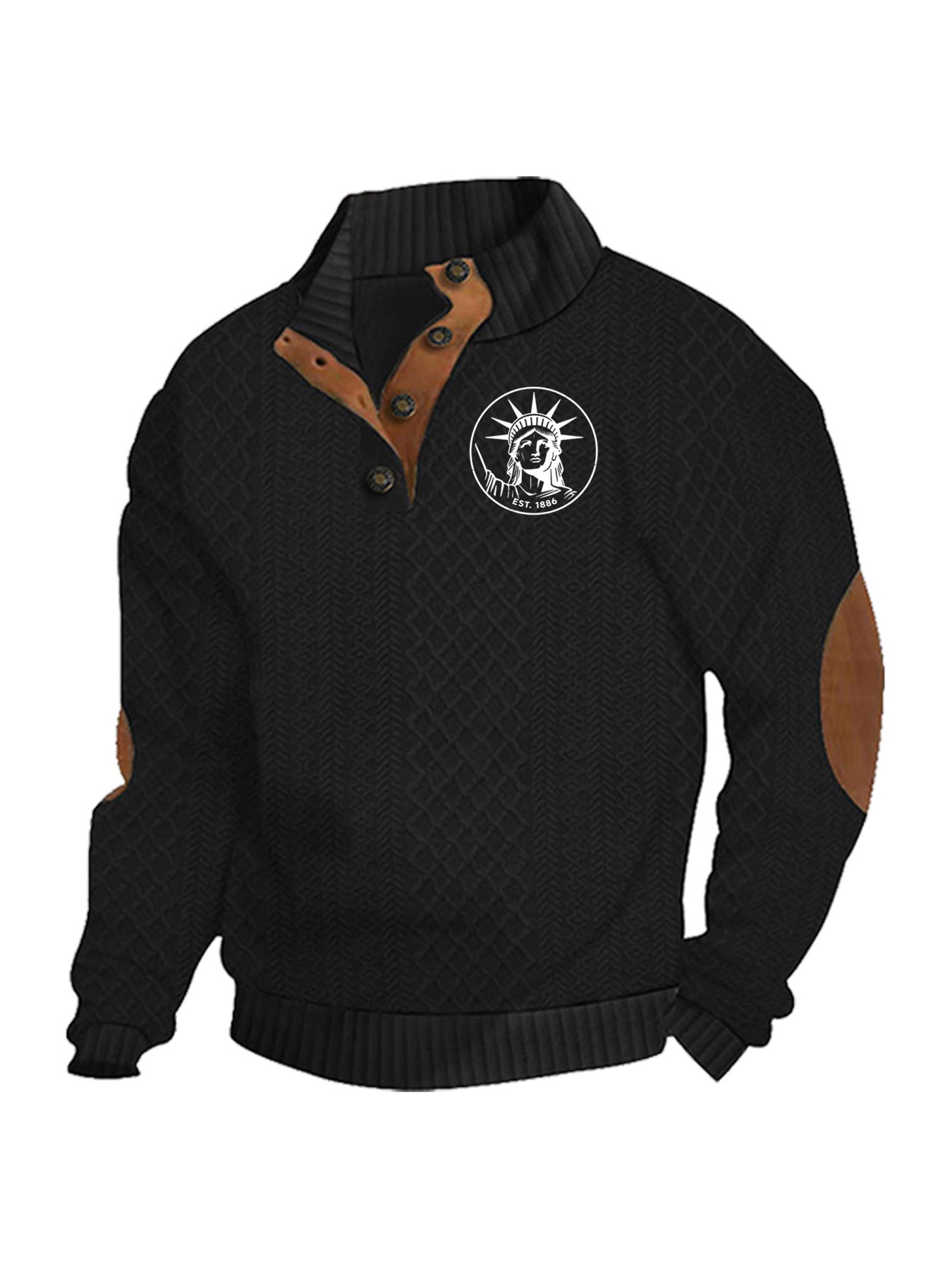 Herren nan Heritage-Strukturpullover mit Stehkragen Lederimitat-Besatz Ellenbogen-Patches und Halbknopfleiste R&B