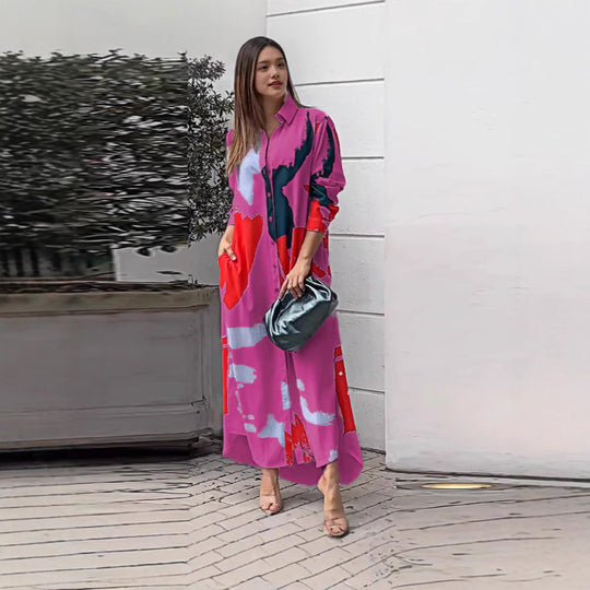Damen lässiges Hemdblusenkleid mit buntem Grafikdruck und praktischen Taschen R&B