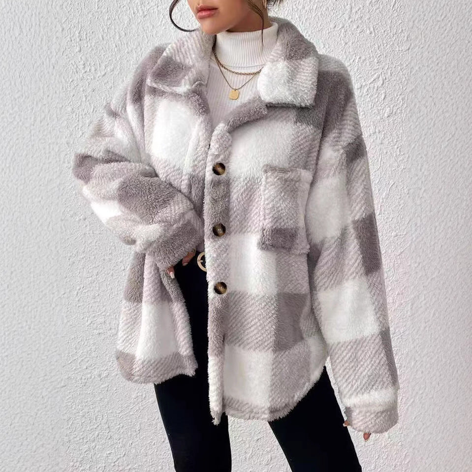 Damen Modische Plüschjacke im Karomuster R&B