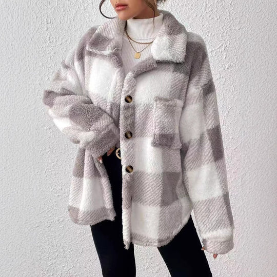 Damen Modische Plüschjacke im Karomuster R&B