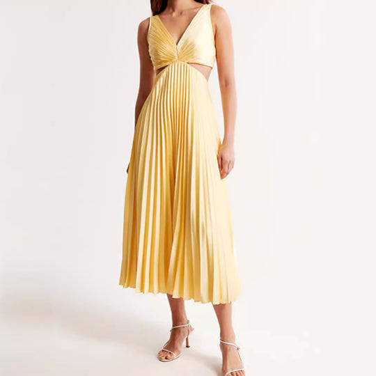 Damen Midikleid mit eleganten Plisseefalten und verführerischem V-Ausschnitt Heidi-Mode