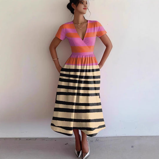 Damen Maxikleid mit tiefem V-Ausschnitt und modischem Streifenmuster R&B
