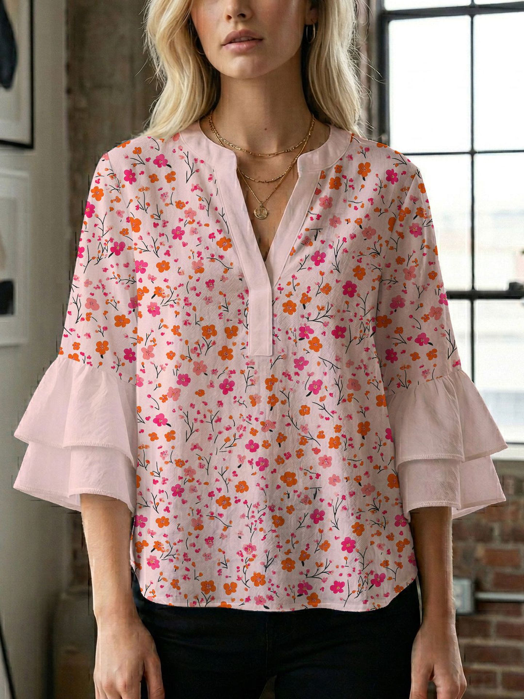 Damen Blusenshirt mit voluminösen Ärmeln und kreativem Druckdesign R&B