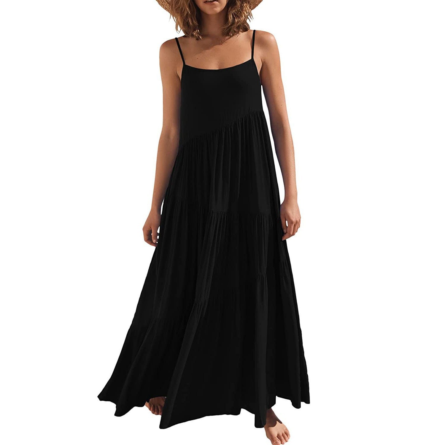Damen luftiges Maxikleid mit Spaghetti-Trägern und stilvollem Layering R&B
