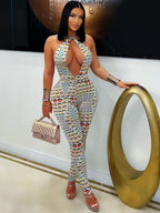 Damen Bodycon Jumpsuit mit tiefem V-Ausschnitt und exklusivem Muster R&B