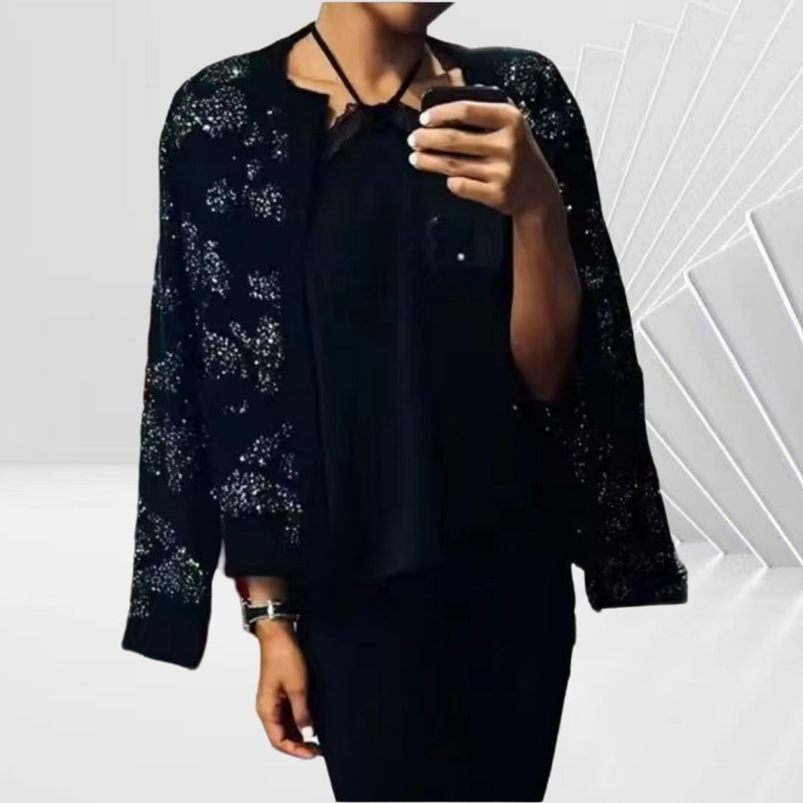 Damen Glitzernde Bomberjacke mit rüschenbesetzten Ärmeln und luxuriösem Design R&B