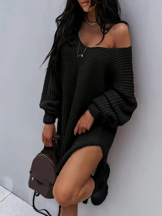 Damen lässiger Strickpullover mit tiefem V-Ausschnitt und ballonförmigen Ärmeln R&B