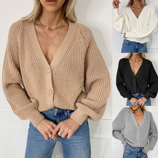 Damen Kurzstrickjacke mit tiefem V-Ausschnitt und Knopfdetails R&B