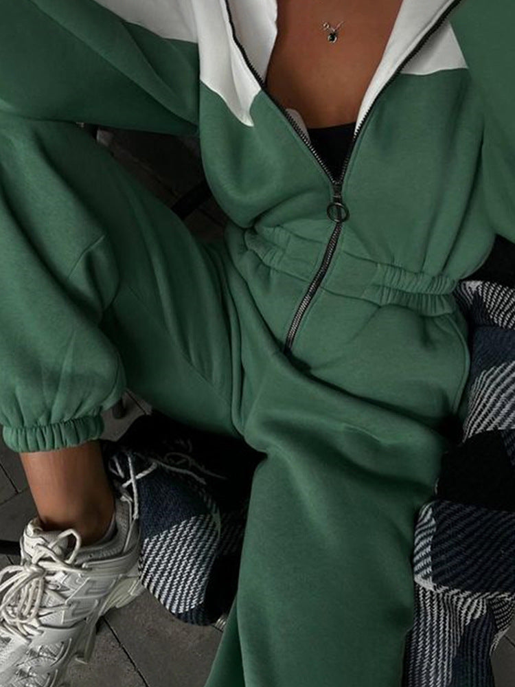 Damen Sportliche Fleecejacke und Hose Set mit Kontrastbesätzen R&B
