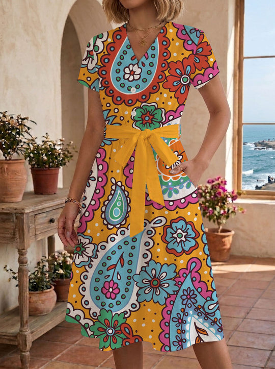 Damen lässiges Maxikleid mit taillierbarem Knoten und dekorativem Karomuster R&B