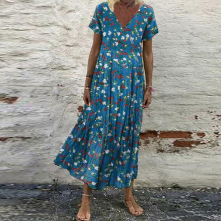 Damen nan V-Ausschnitt-Maxikleid mit feinem Faltenrock, Empire-Passe und Kurzarm R&B