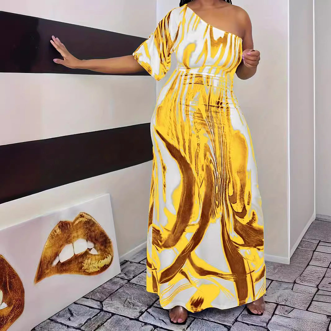 Damen Maxikleid mit asymmetrischem Schnitt und elegantem Muster R&B