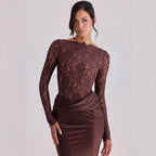 Damen Elegantes Spitzenoberteil mit fließendem Satinkleid R&B