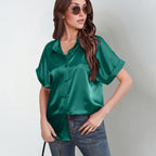 Damen Satin-Bluse mit großem Kragen und überschnittenen Schultern R&B