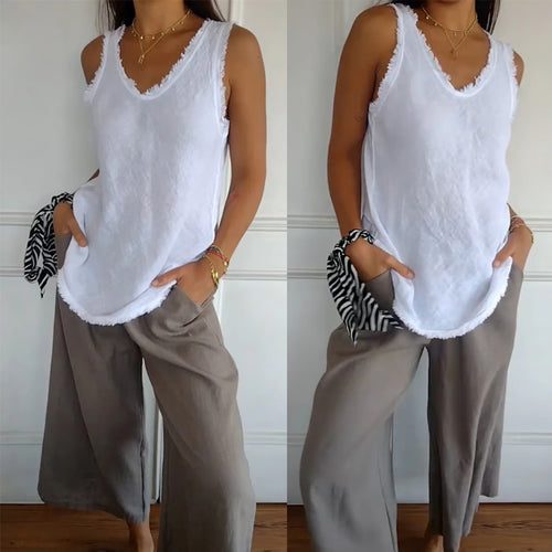 Damen nan lässiges Leinenoptik-Tanktop mit ausgefranstem Saum U-Ausschnitt und lockerer Hüftlänge R&B