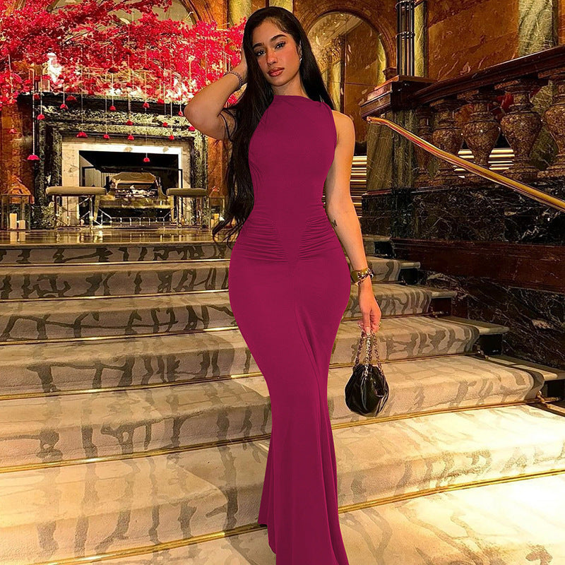 Damen Elegantes Maxikleid mit seitlichen Rüschendetails und figurbetontem Schnitt R&B
