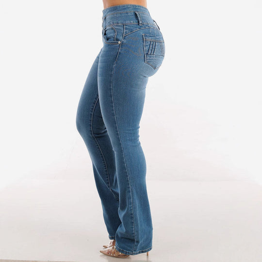 Damen Hochtaillierte Bootcut Jeans mit eleganten Knopfdetails R&B