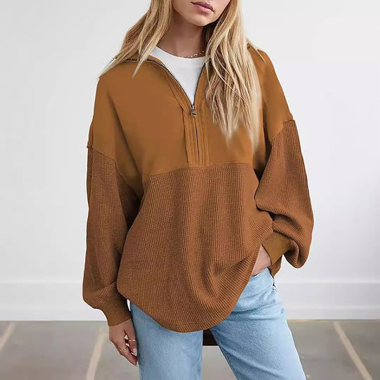 Damen lässiger Kapuzenpullover mit halblangem Reißverschluss und strukturiertem Material R&B