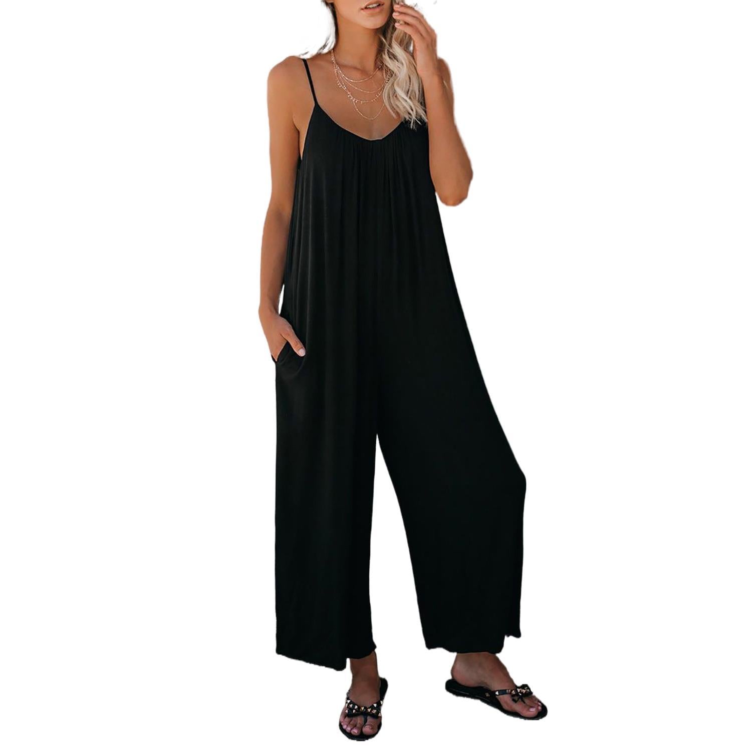 Damen Lässiger Sommer-Jumpsuit mit tiefem Ausschnitt und praktischen Taschen R&B