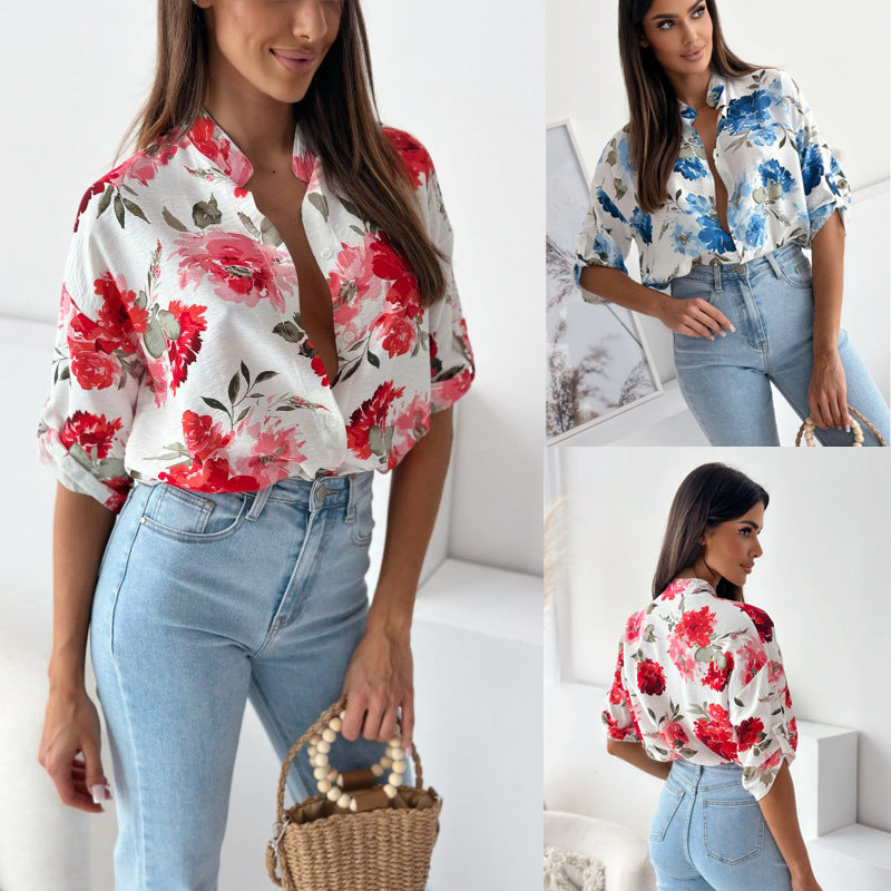 Damen blumige Oversize-Bluse mit kurzen Ärmeln R&B